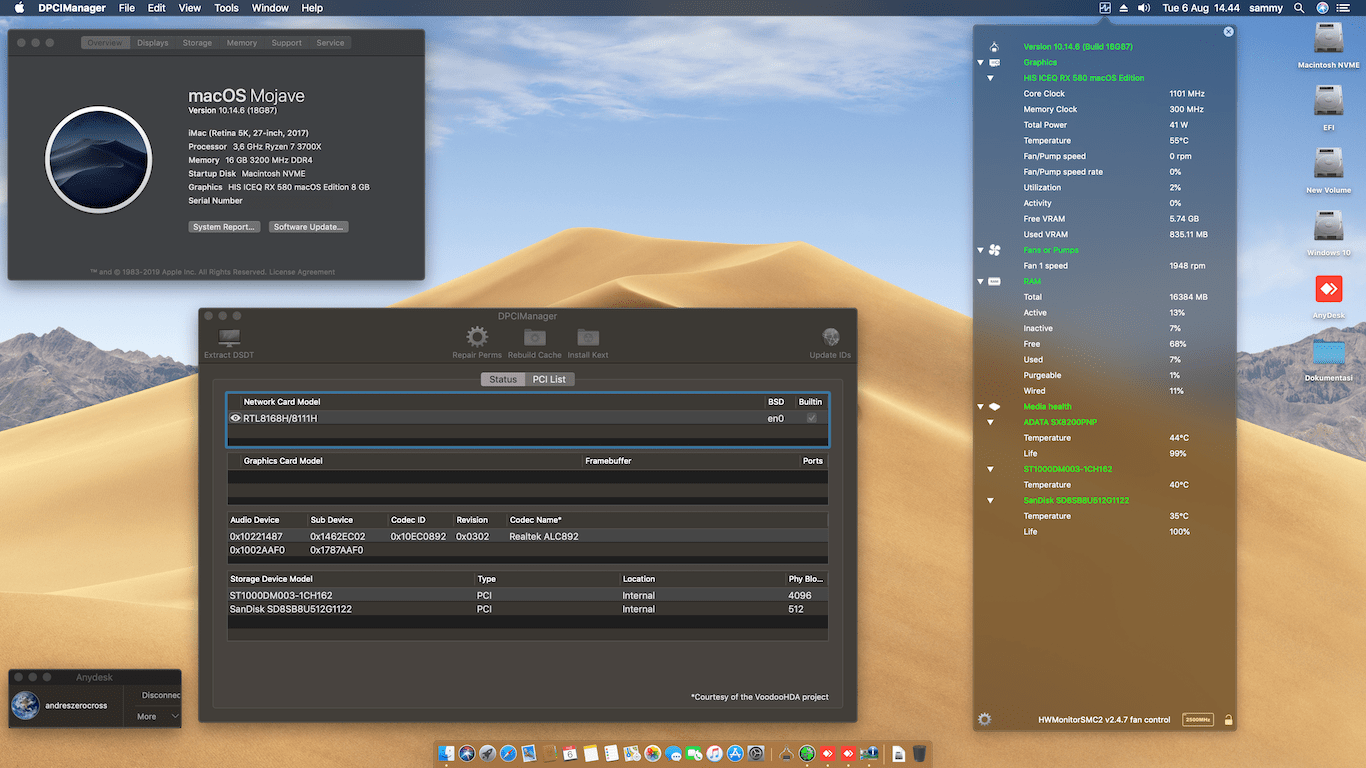 Success Hackintosh macOS Mojave 10.14.6 Build 18G87 at MSI B450 Tomahawk + AMD Ryzen 7 3700X + HIS ICEQ RX 580 8GB